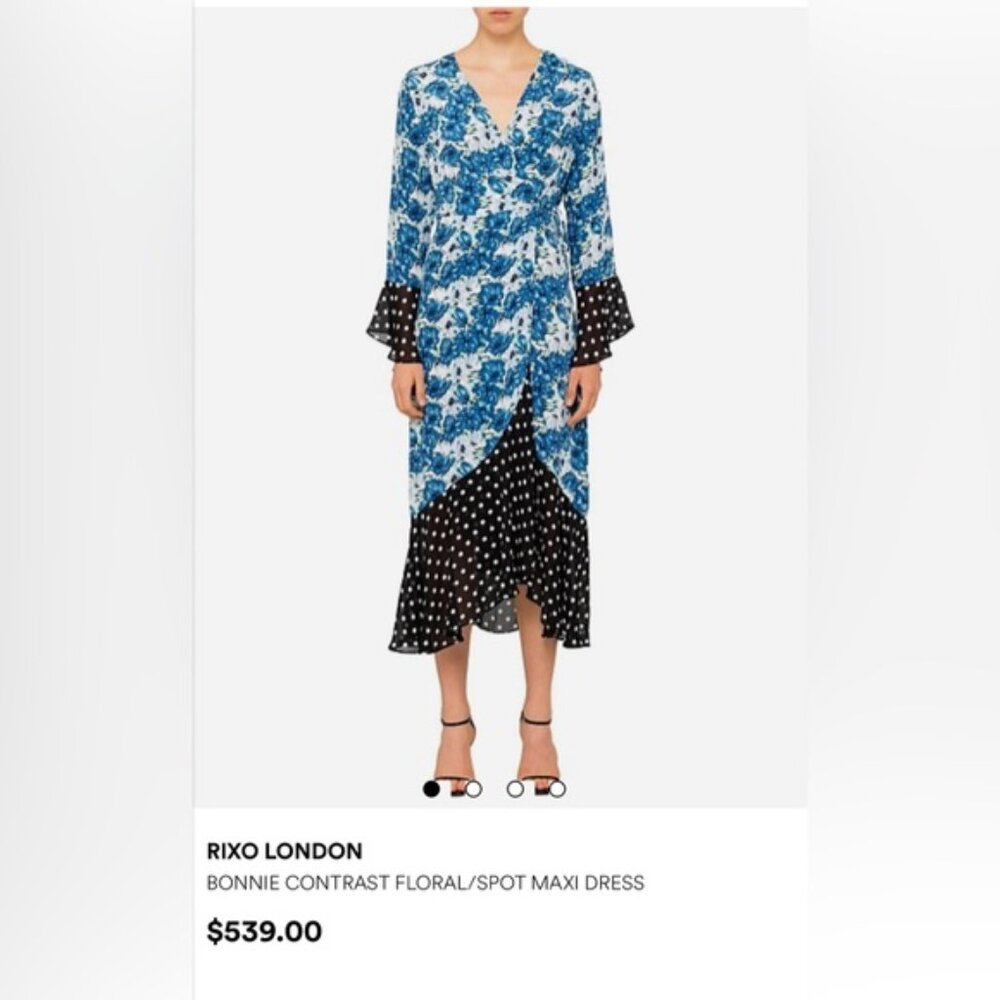 RIXO LONDONBONNIE CONTRAST FLORAL/SPOT wrap MAXI DRESS small